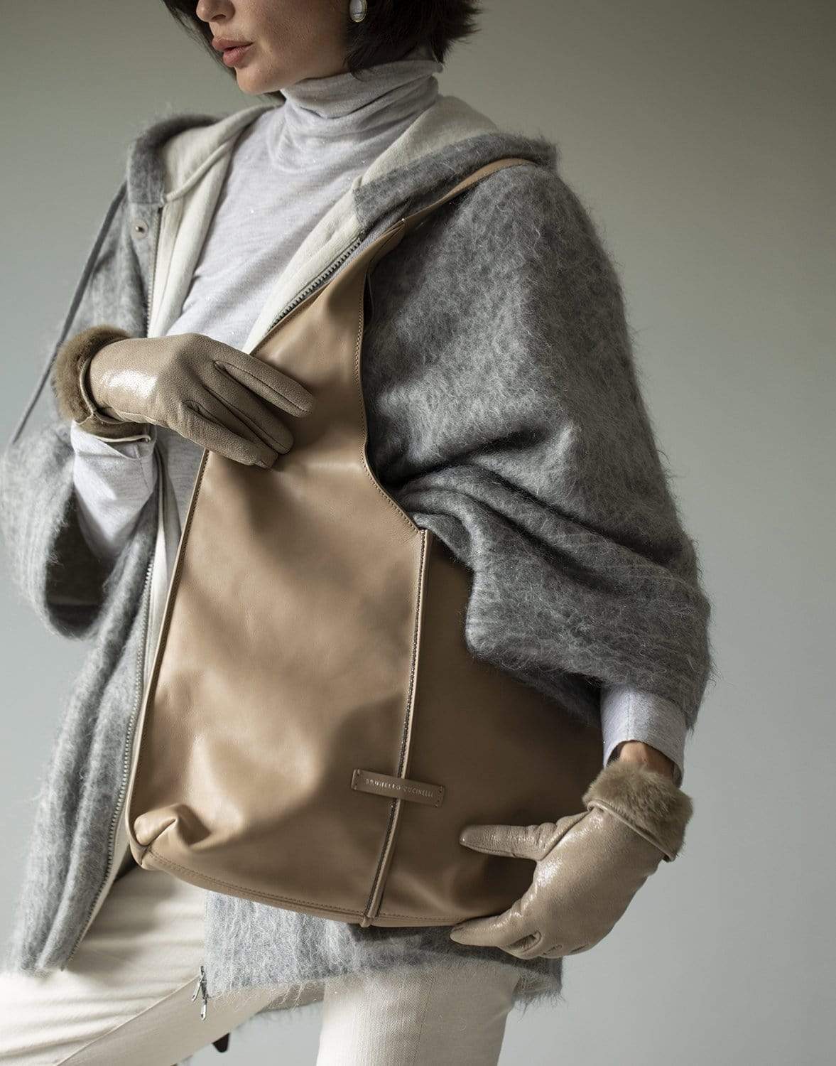 BRUNELLO CUCINELLI-Leather Hobo Foldover Bag-LTBROWN