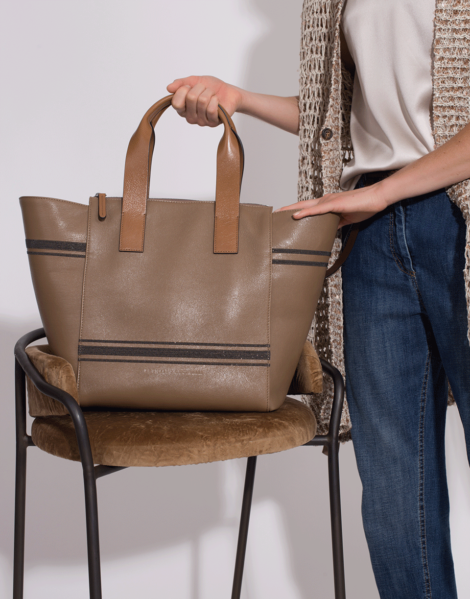 BRUNELLO CUCINELLI-Shiny Leather Zip Monili Tote-CHOCOLAT