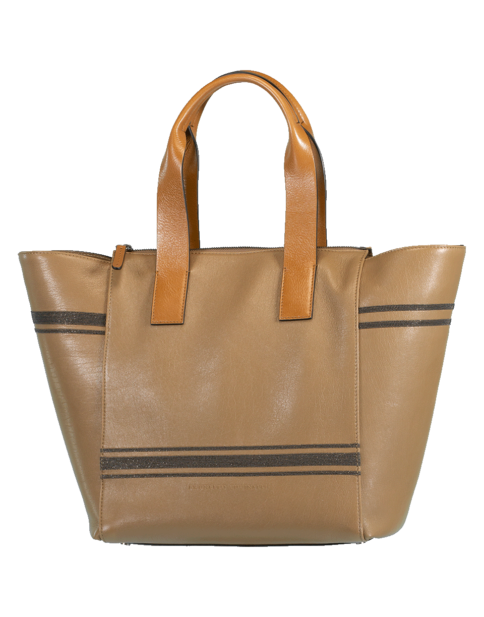 BRUNELLO CUCINELLI-Shiny Leather Zip Monili Tote-CHOCOLAT