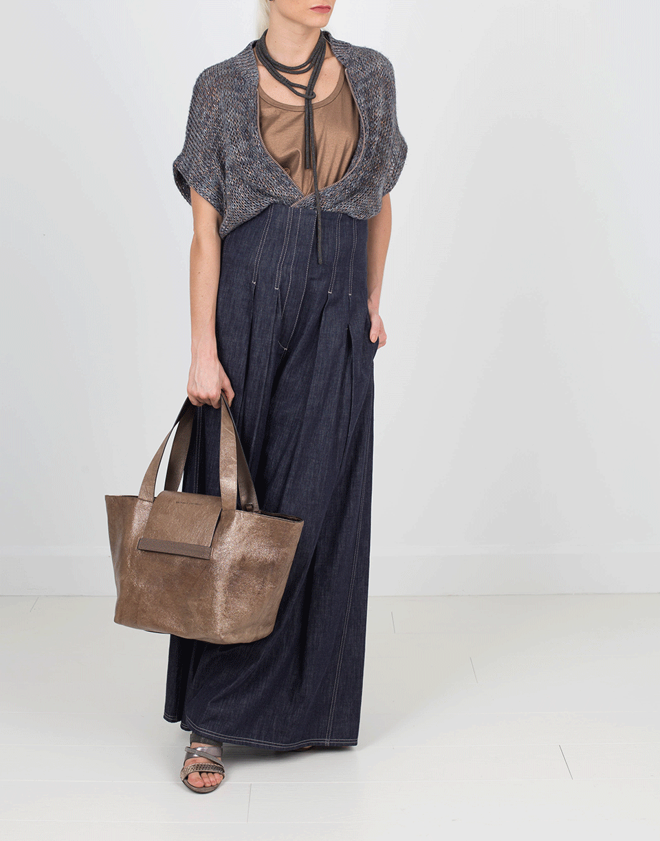 BRUNELLO CUCINELLI-Glitter Leather Tote With Strap-DUNE