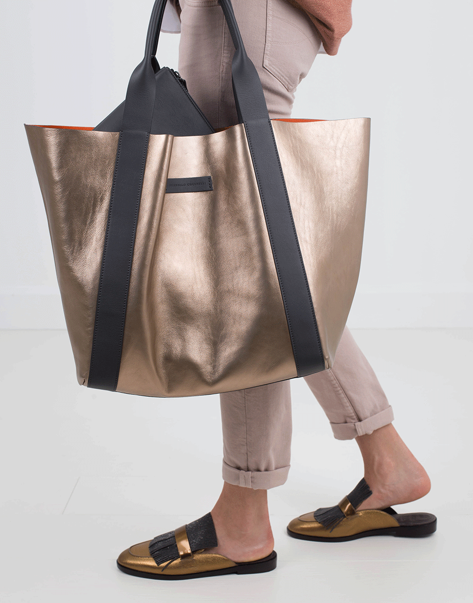 BRUNELLO CUCINELLI-Reversible Leather Suede Handbag-GLD/ORNG