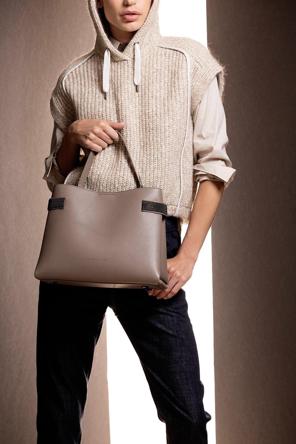 BRUNELLO CUCINELLI-Leather Monili Tote Bag-ICE