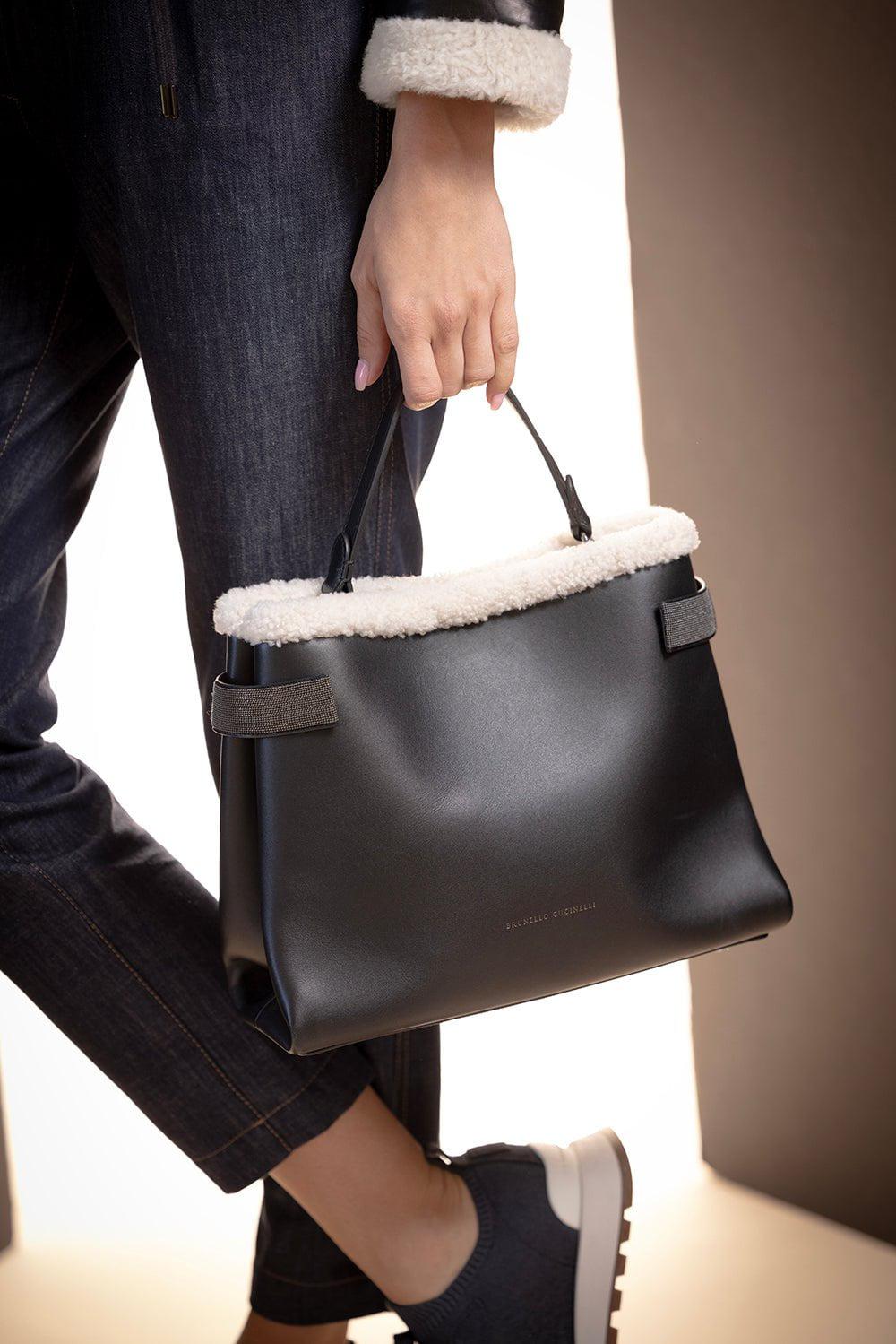 BRUNELLO CUCINELLI-Calfskin Shearling Tote-NERO