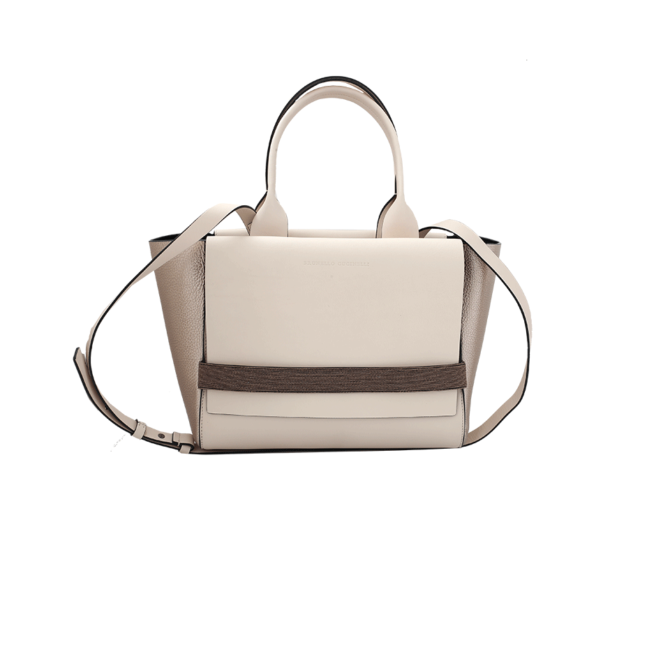BRUNELLO CUCINELLI-Leather Metallic Monili Tote-OAT