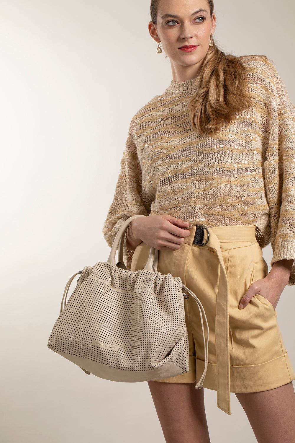 BRUNELLO CUCINELLI-Leather Drawstring Tote-PANAMA