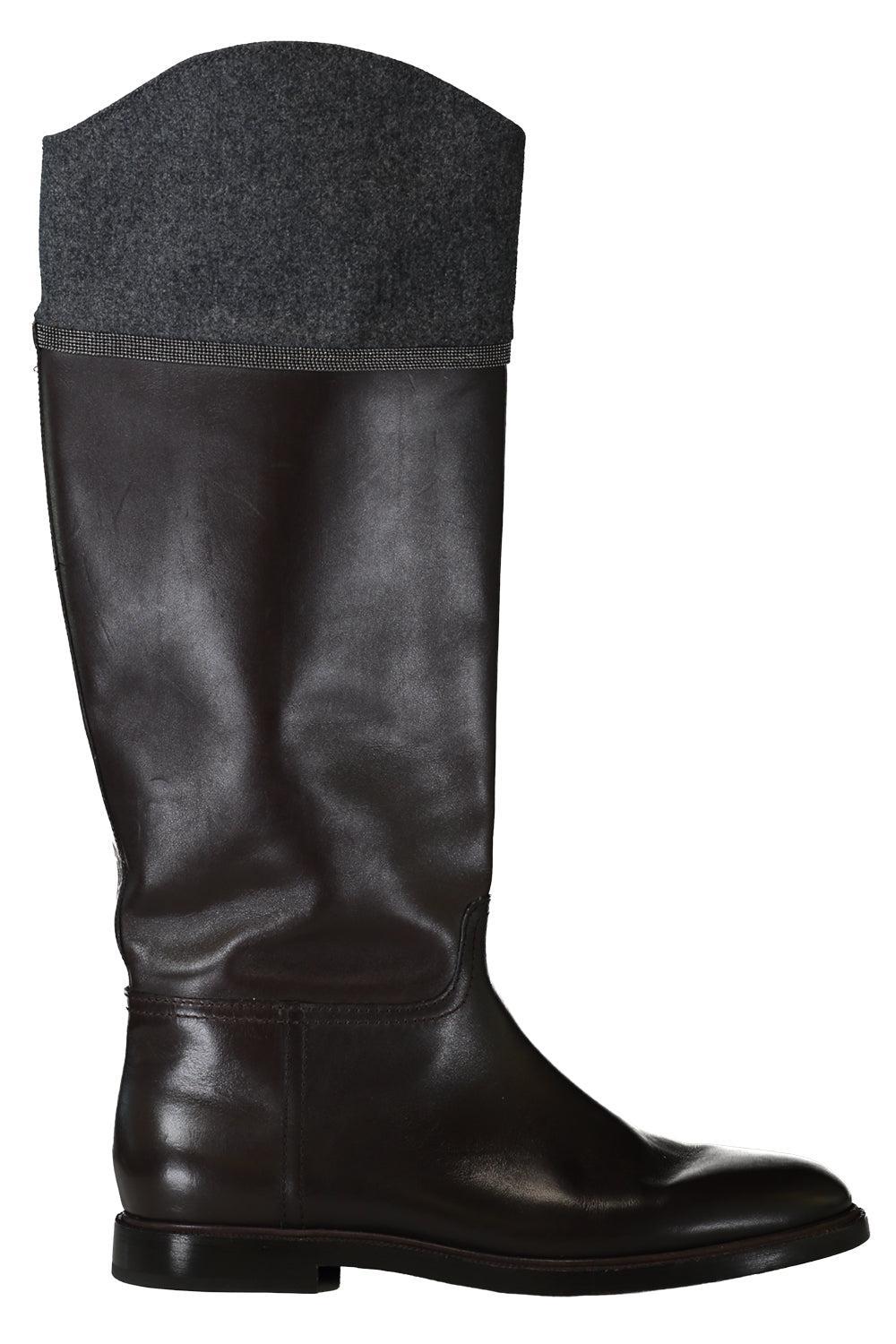 Monili Trim Matte Riding Boot-BROWN-37-SHOEBOOT-BRUNELLO CUCINELLI