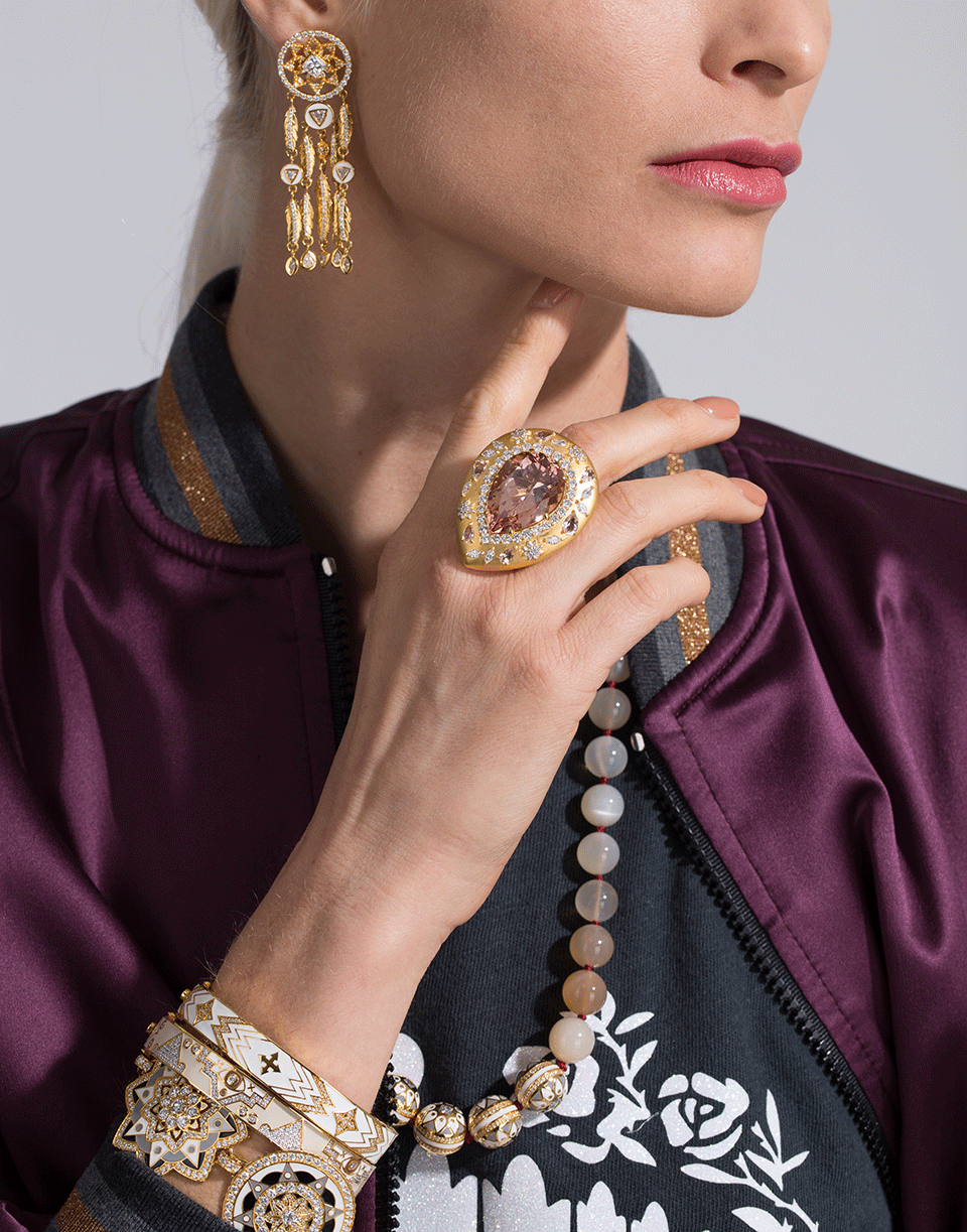 BUDDHA MAMA-Beige Enamel Evil Eye Bracelet-YELLOW GOLD