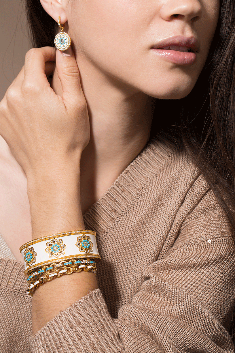 BUDDHA MAMA-Diamond Mandala and White Enamel Cuff-YELLOW GOLD