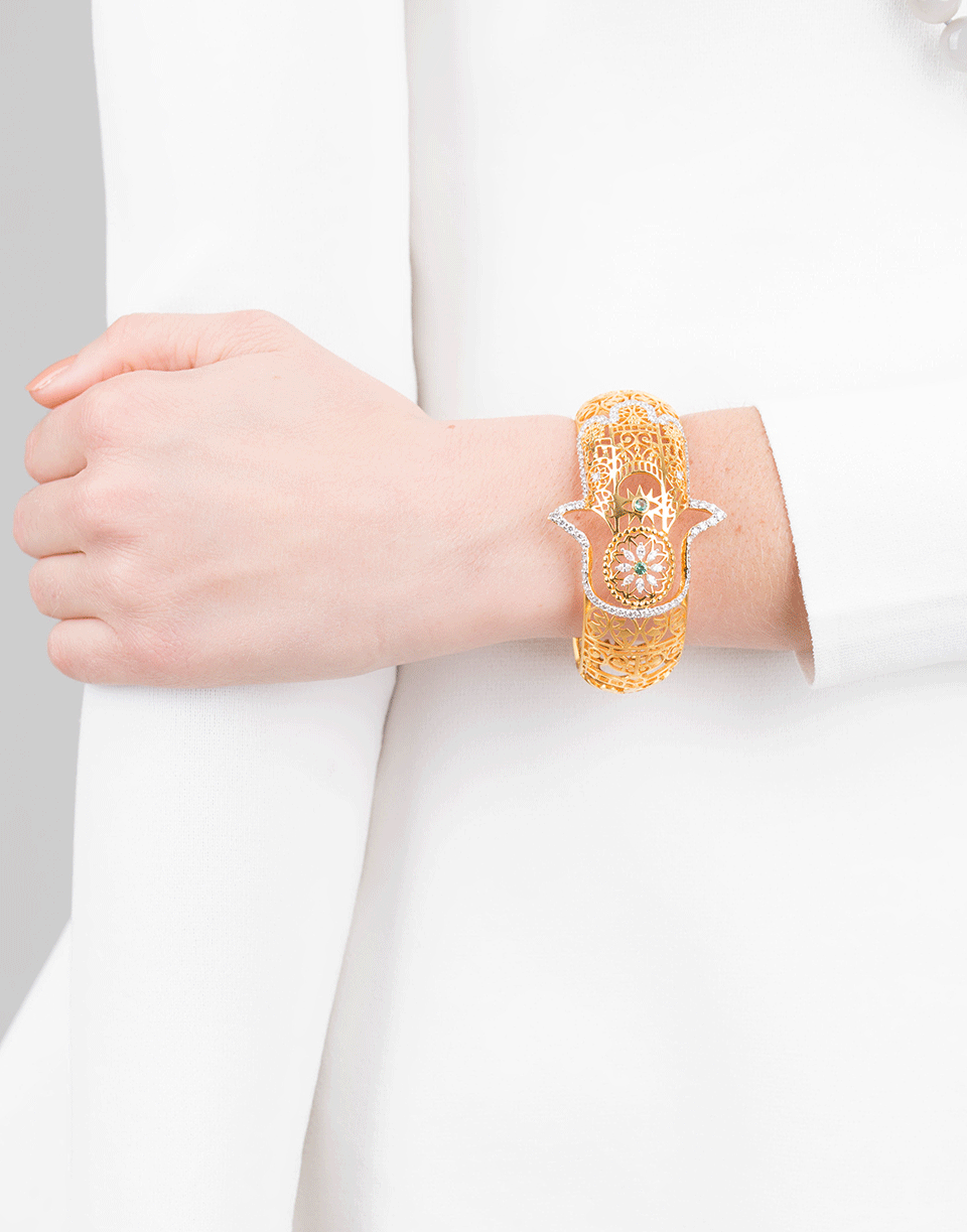 BUDDHA MAMA-Filigree Hamsa Hinged Cuff Set-YELLOW GOLD
