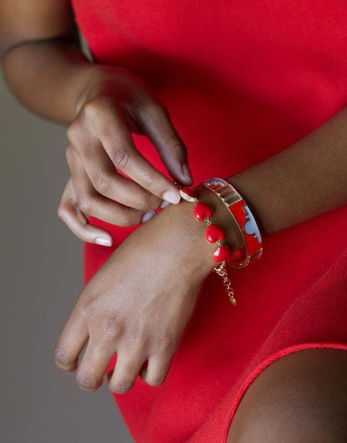 BUDDHA MAMA-Red and Grey Enamel Bangle Set-YELLOW GOLD