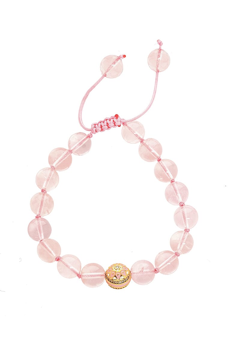 BUDDHA MAMA-Rose Quartz and Mandala Bead Bracelet-YELLOW GOLD