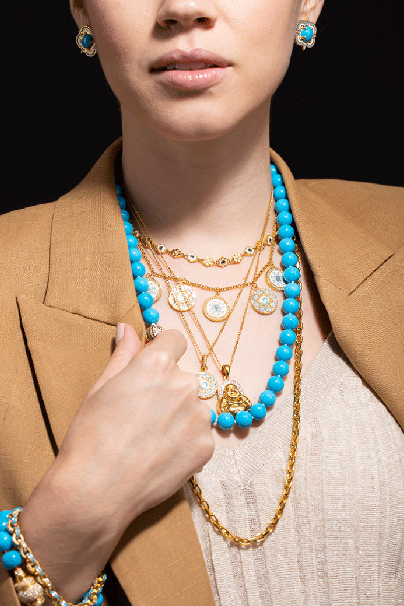 BUDDHA MAMA-Sky Blue Enamel and Pave Diamond Link Bracelet-YELLOW GOLD