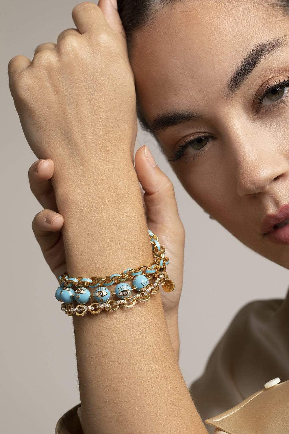 BUDDHA MAMA-Sky Blue Enamel Link Bracelet-YELLOW GOLD