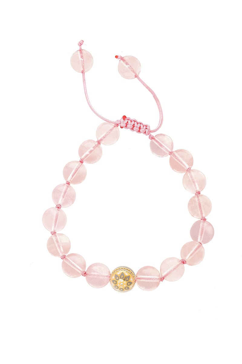 BUDDHA MAMA-White and Grey Enamel Rose Quartz Bead Bracelet-YELLOW GOLD