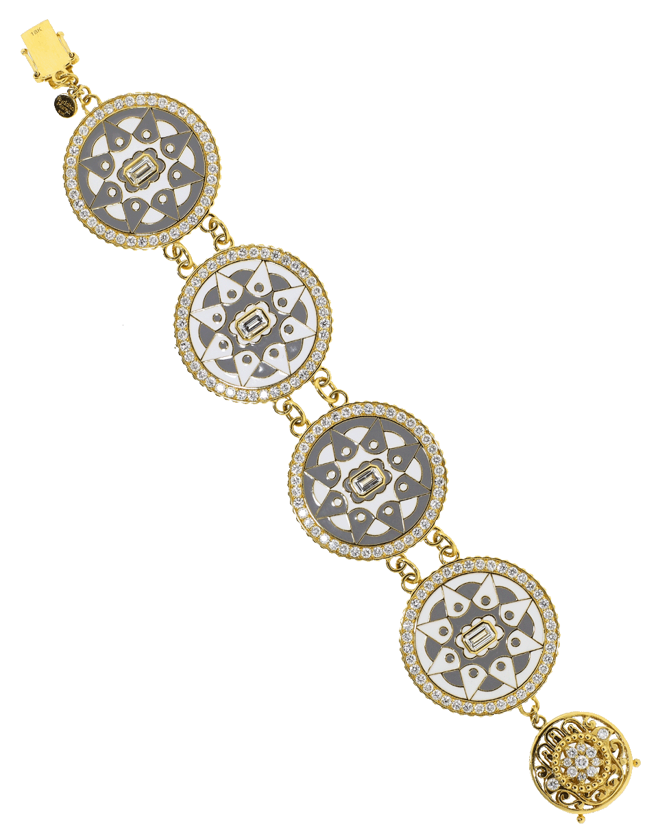 BUDDHA MAMA-White Enamel And Diamond Coin Bracelet-YELLOW GOLD