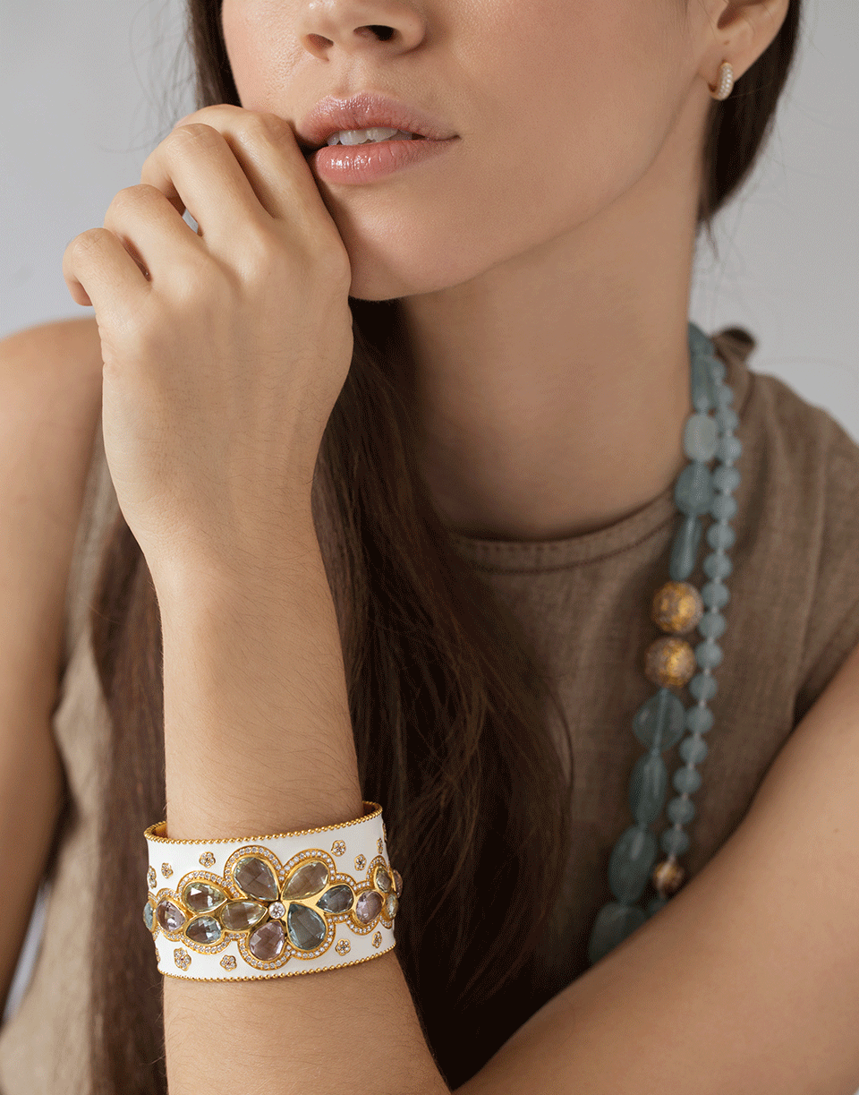 BUDDHA MAMA-White Enamel, Beryl, and Amethyst Flower Cuff-YELLOW GOLD