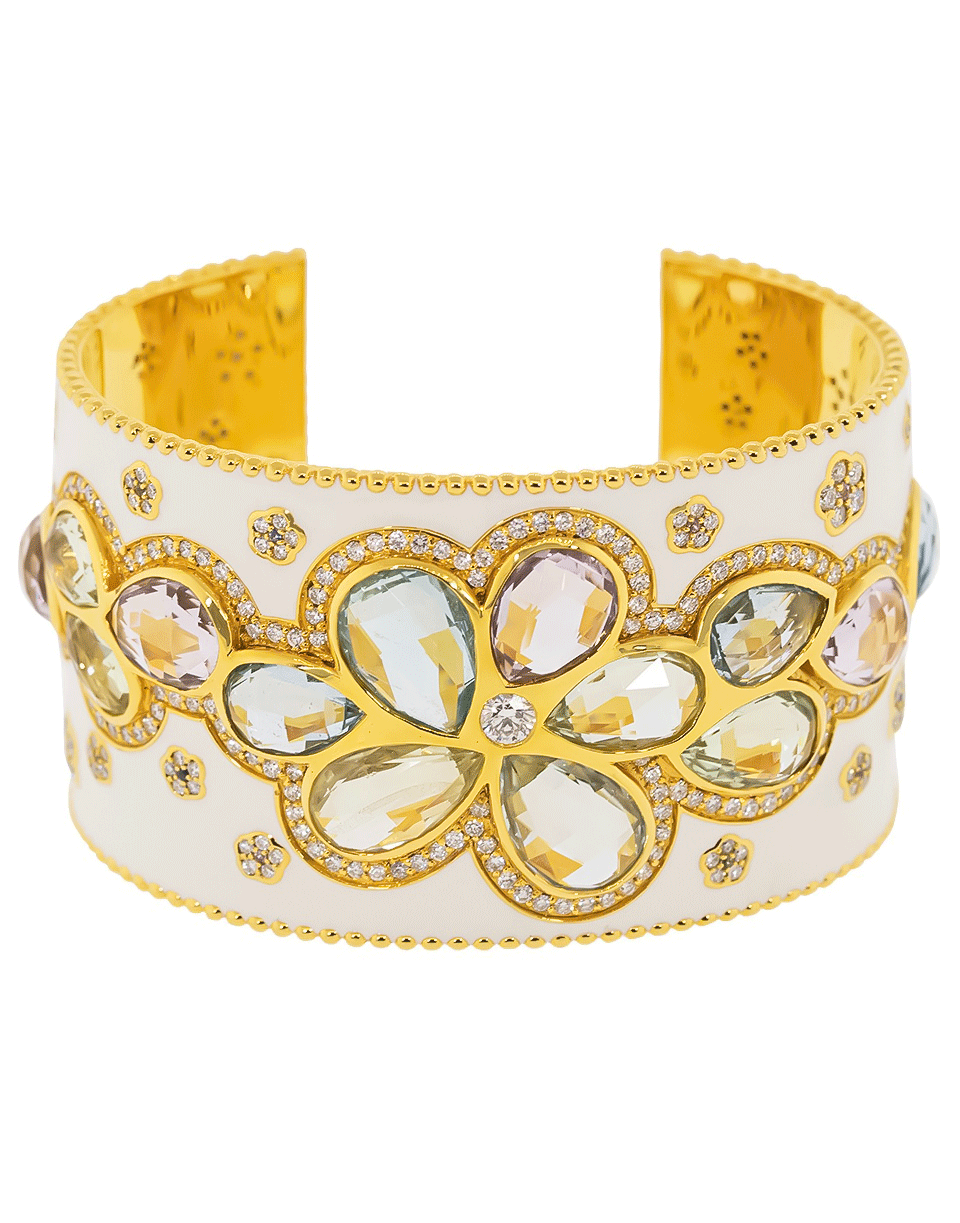 BUDDHA MAMA-White Enamel, Beryl, and Amethyst Flower Cuff-YELLOW GOLD
