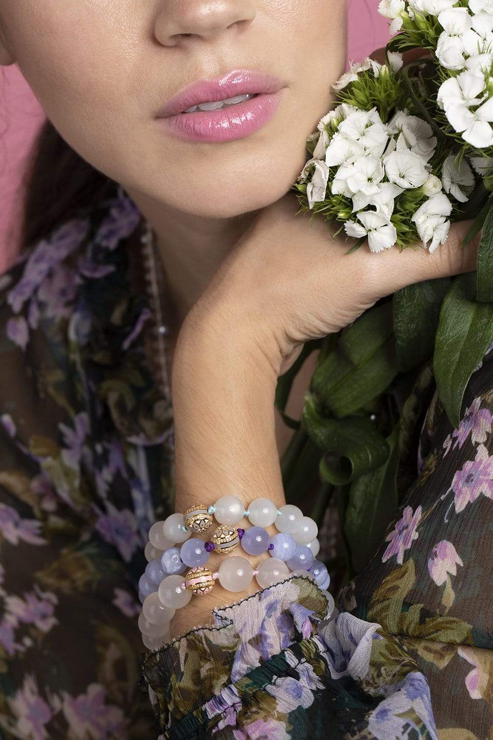 BUDDHA MAMA-White Moonstone Bead Bracelet-YELLOW GOLD