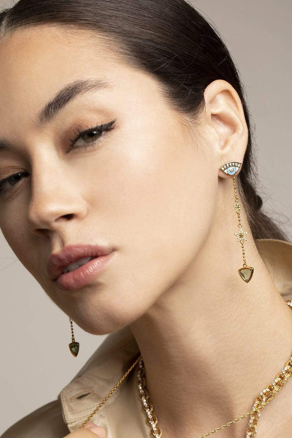 BUDDHA MAMA-Sky Blue Evil Eye Drop Earrings with Tourmaline-WHITE GOLD
