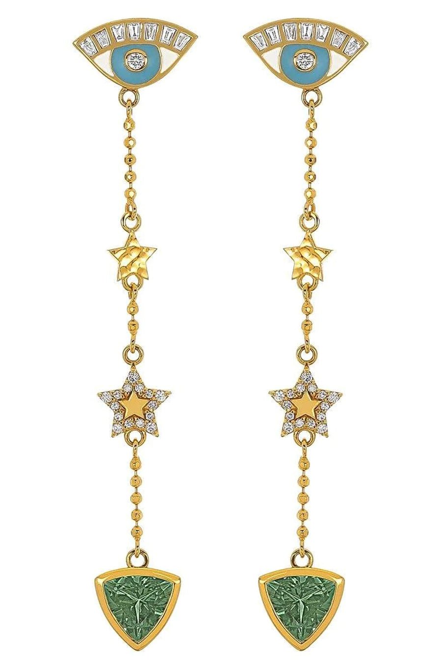 BUDDHA MAMA-Sky Blue Evil Eye Drop Earrings with Tourmaline-WHITE GOLD