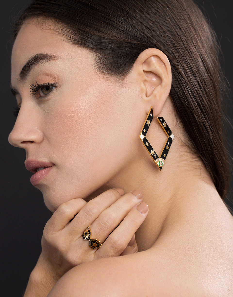 BUDDHA MAMA-Black Enamel Evil Eye Door Knock Earrings-YELLOW GOLD