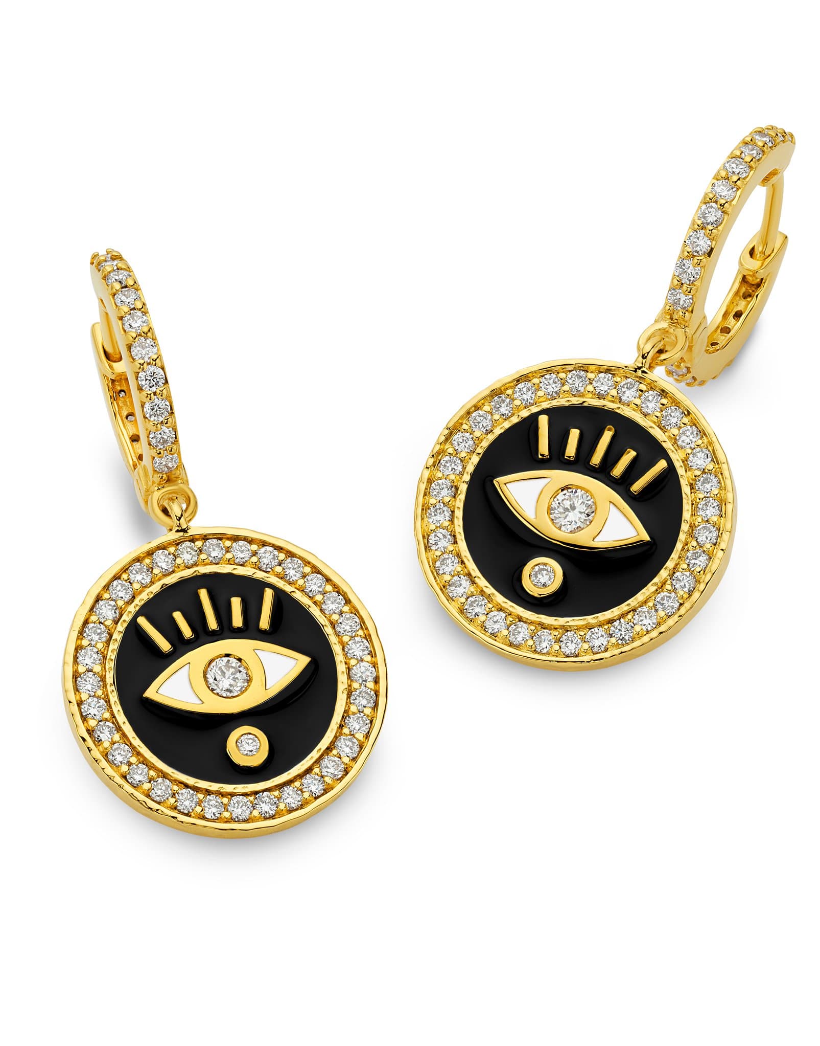 BUDDHA MAMA-Black Enamel Evil Eye Huggies-YELLOW GOLD