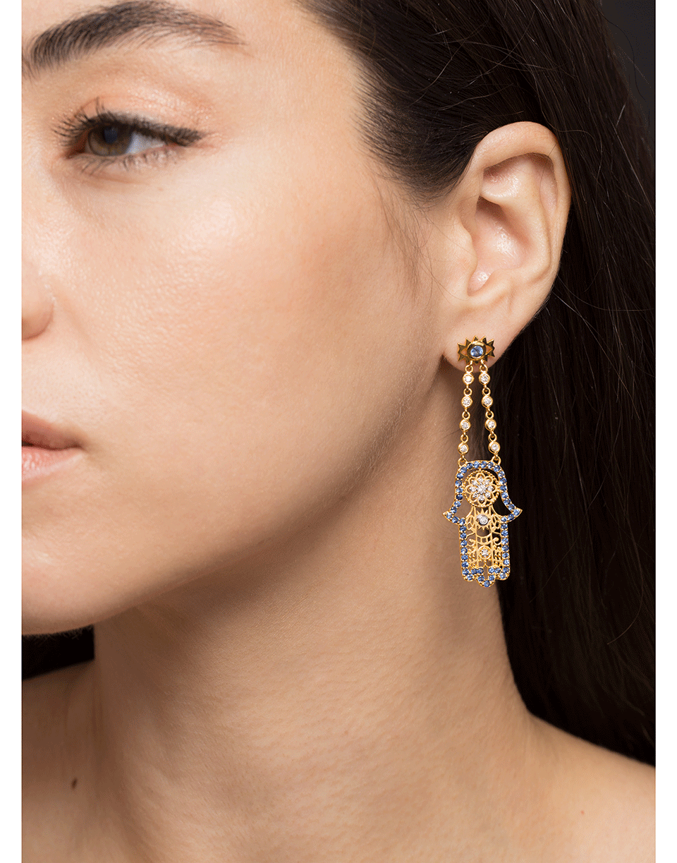 BUDDHA MAMA-Blue Sapphire and Diamond Hamsa Drop Earrings-YELLOW GOLD