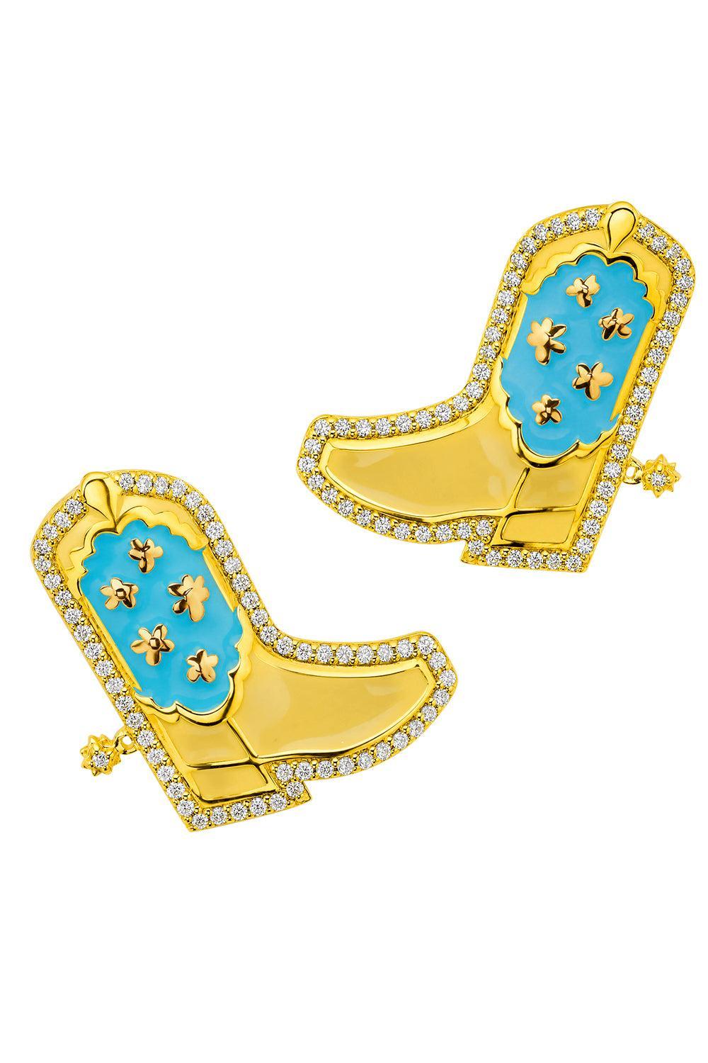 Diamond Blue Cowgirl Stud Earrings-YELLOW GOLD-JEWELRYFINE JEWELEARRING-BUDDHA MAMA