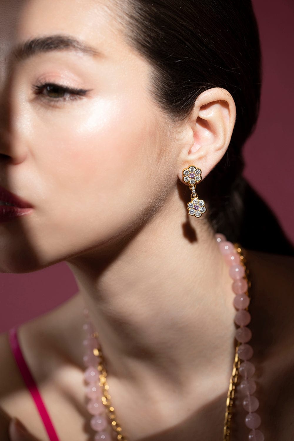 BUDDHA MAMA-Diamond Flower Drop Earrings-YELLOW GOLD