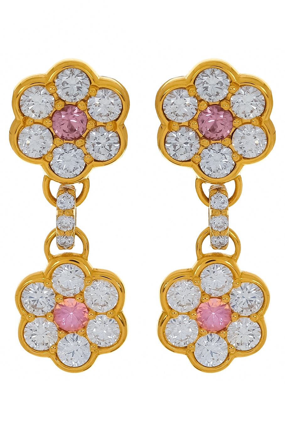 BUDDHA MAMA-Diamond Flower Drop Earrings-YELLOW GOLD