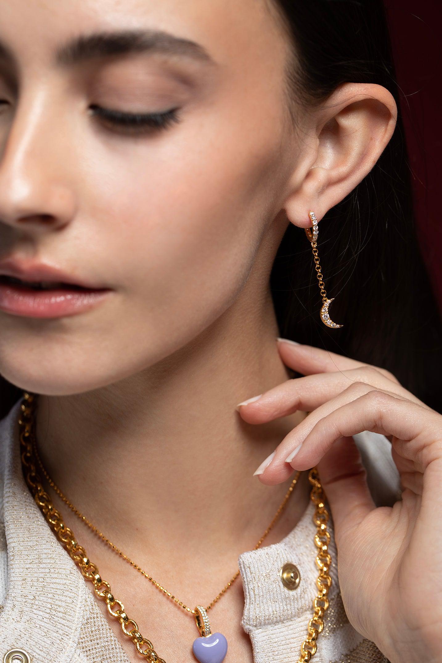 BUDDHA MAMA-Diamond Moon Drop Earrings-YELLOW GOLD