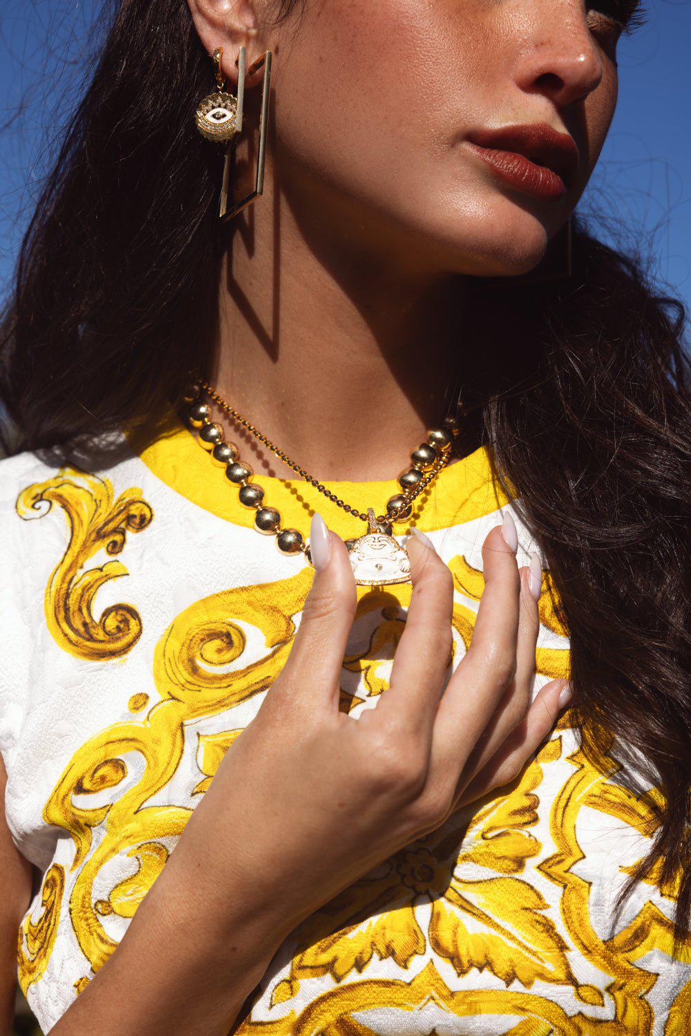 BUDDHA MAMA-Enamel and Diamond Evil Eye Drop Huggies-YELLOW GOLD