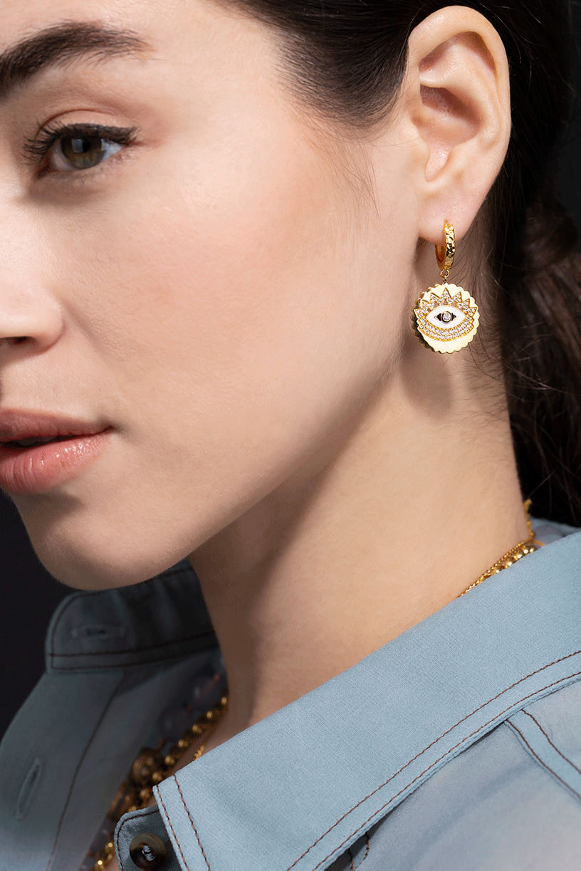 BUDDHA MAMA-Enamel and Diamond Evil Eye Drop Huggies-YELLOW GOLD