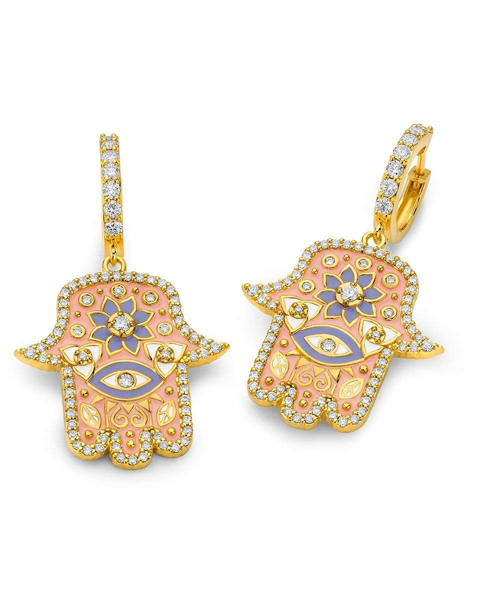 BUDDHA MAMA-Pink Enamel Hamsa Huggies-YELLOW GOLD