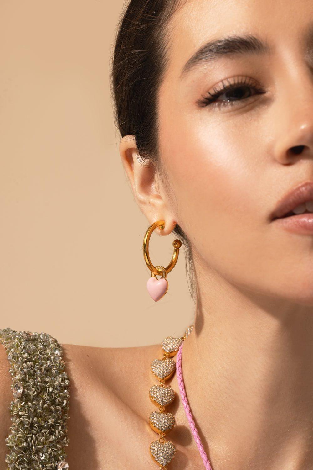 BUDDHA MAMA-Pink Enamel Heart Earring Charms-YELLOW GOLD