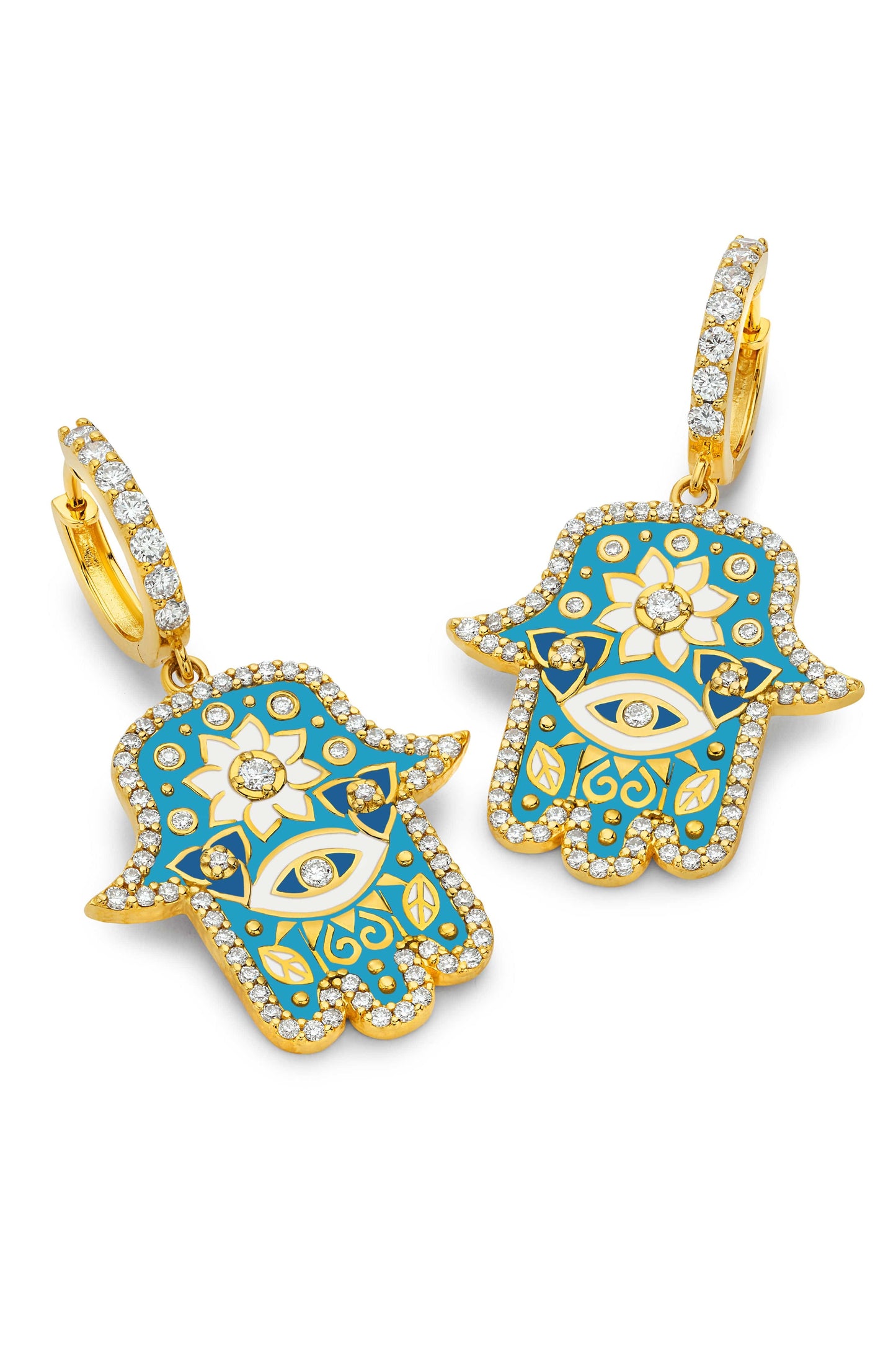 BUDDHA MAMA-Sky Blue Enamel Hamsa Huggie Earrings-YELLOW GOLD