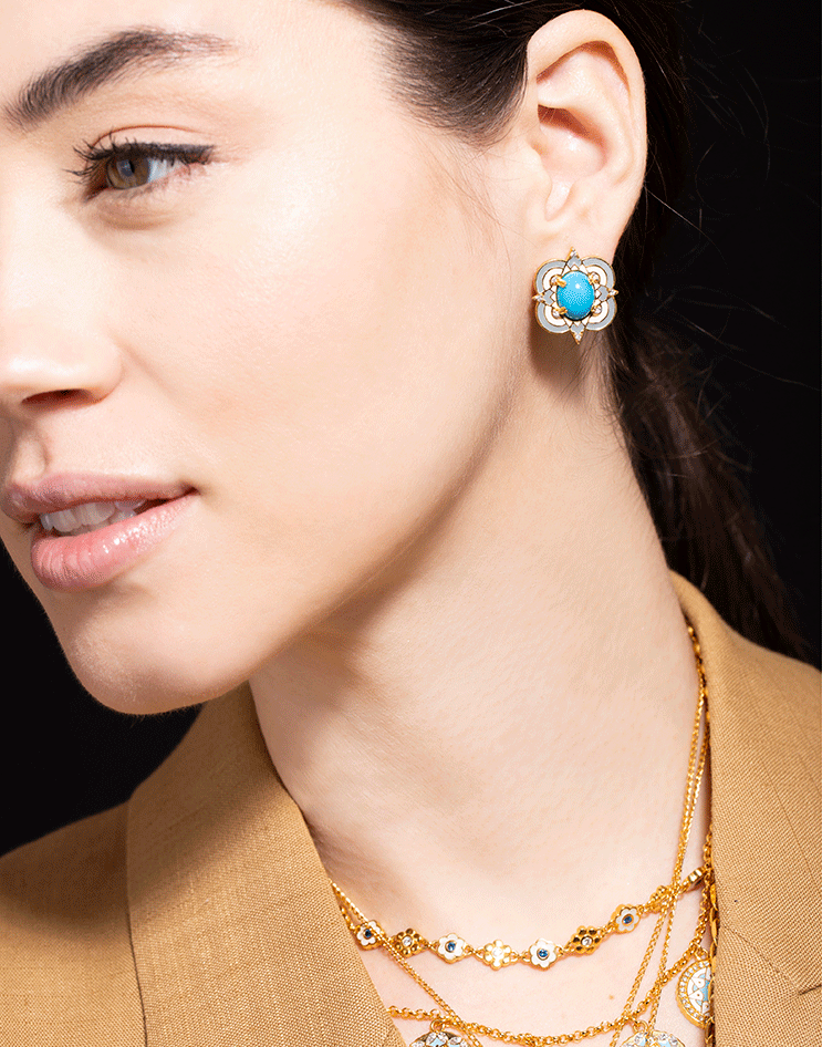 BUDDHA MAMA-Turquoise Enamel and Diamond Stud Earrings-YELLOW GOLD