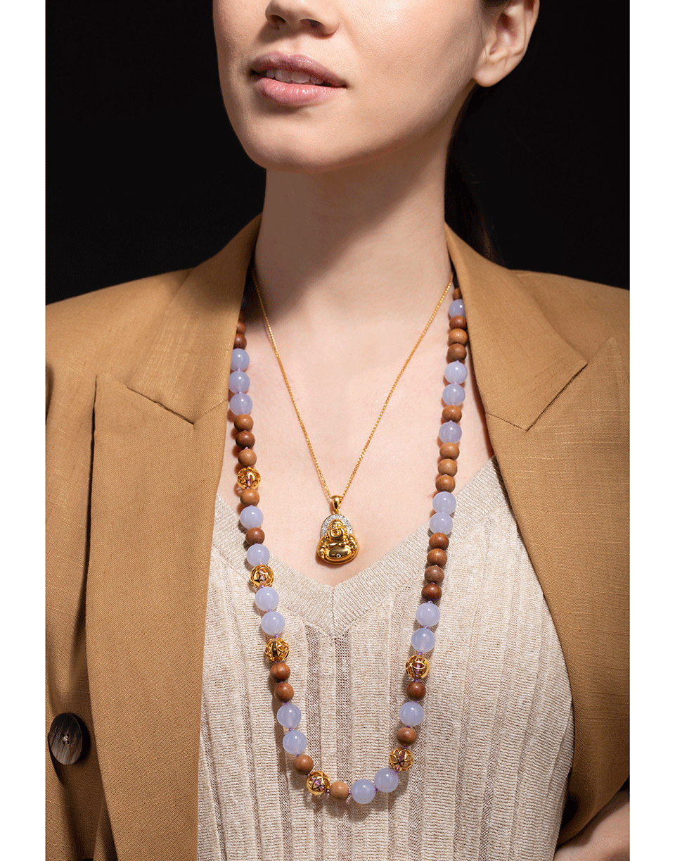 BUDDHA MAMA-Chalcedony and Wood Beaded Necklace-YELLOW GOLD