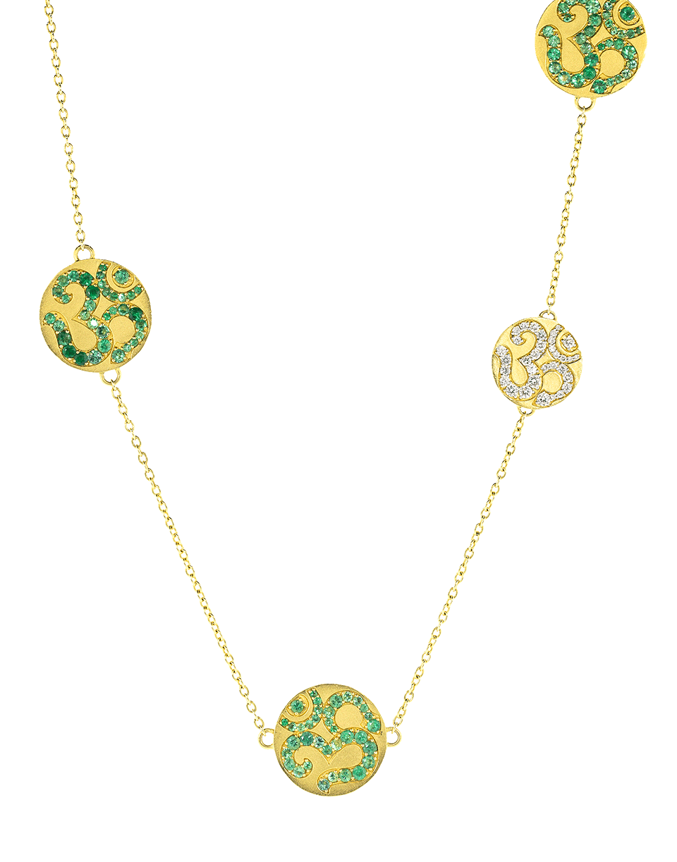 BUDDHA MAMA-Diamond and Emerald Om Coin Necklace-YELLOW GOLD