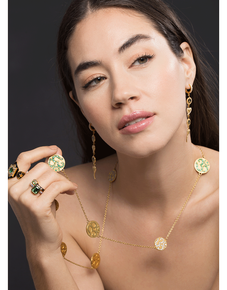 BUDDHA MAMA-Diamond and Emerald Om Coin Necklace-YELLOW GOLD