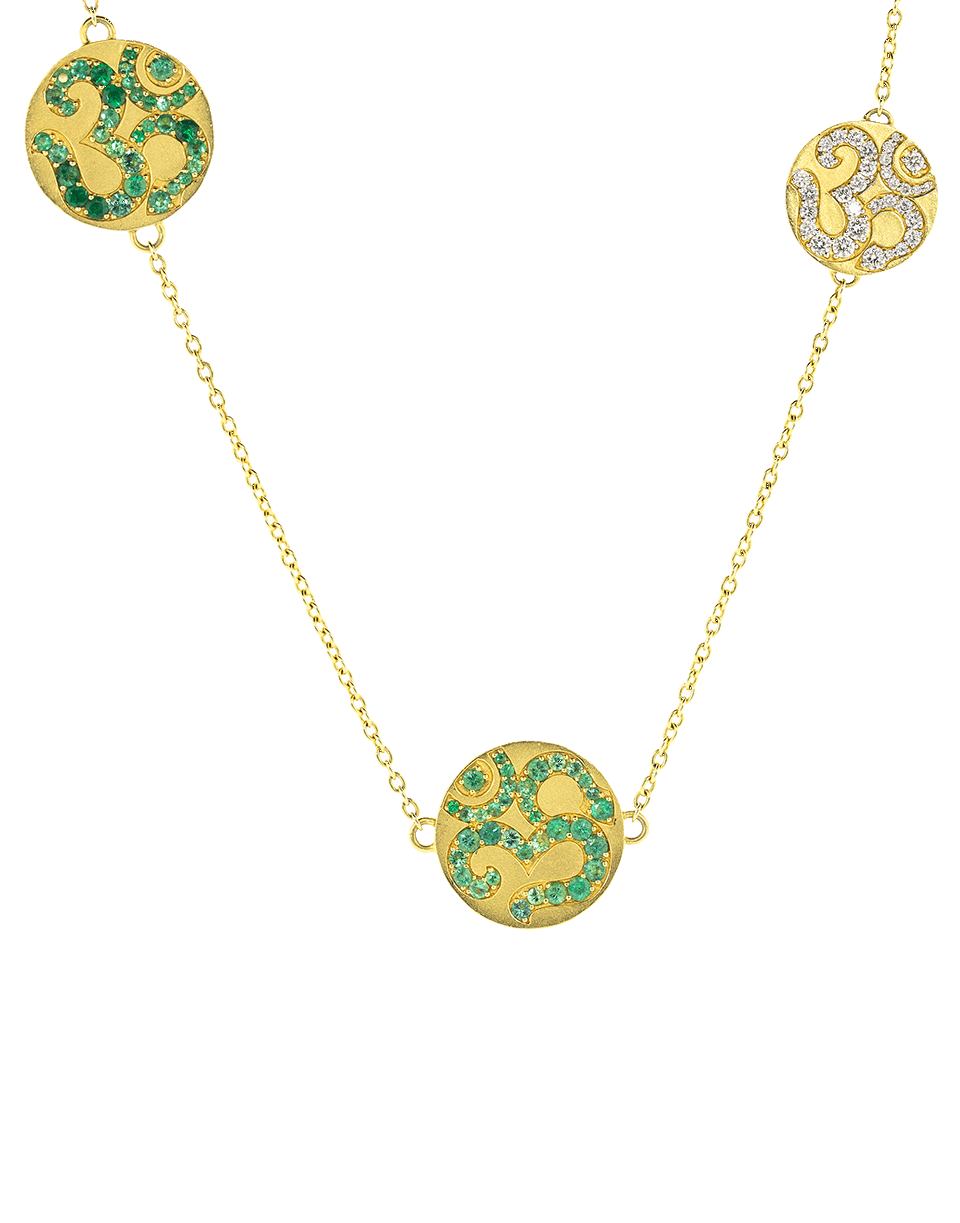 BUDDHA MAMA-Diamond and Emerald Om Coin Necklace-YELLOW GOLD