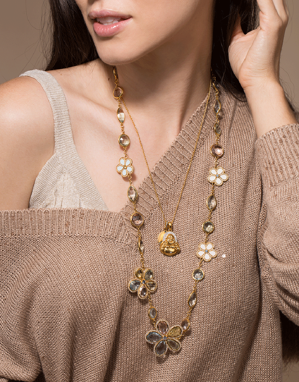 BUDDHA MAMA-Diamond, Sapphire, and Enamel Flower Necklace-YELLOW GOLD