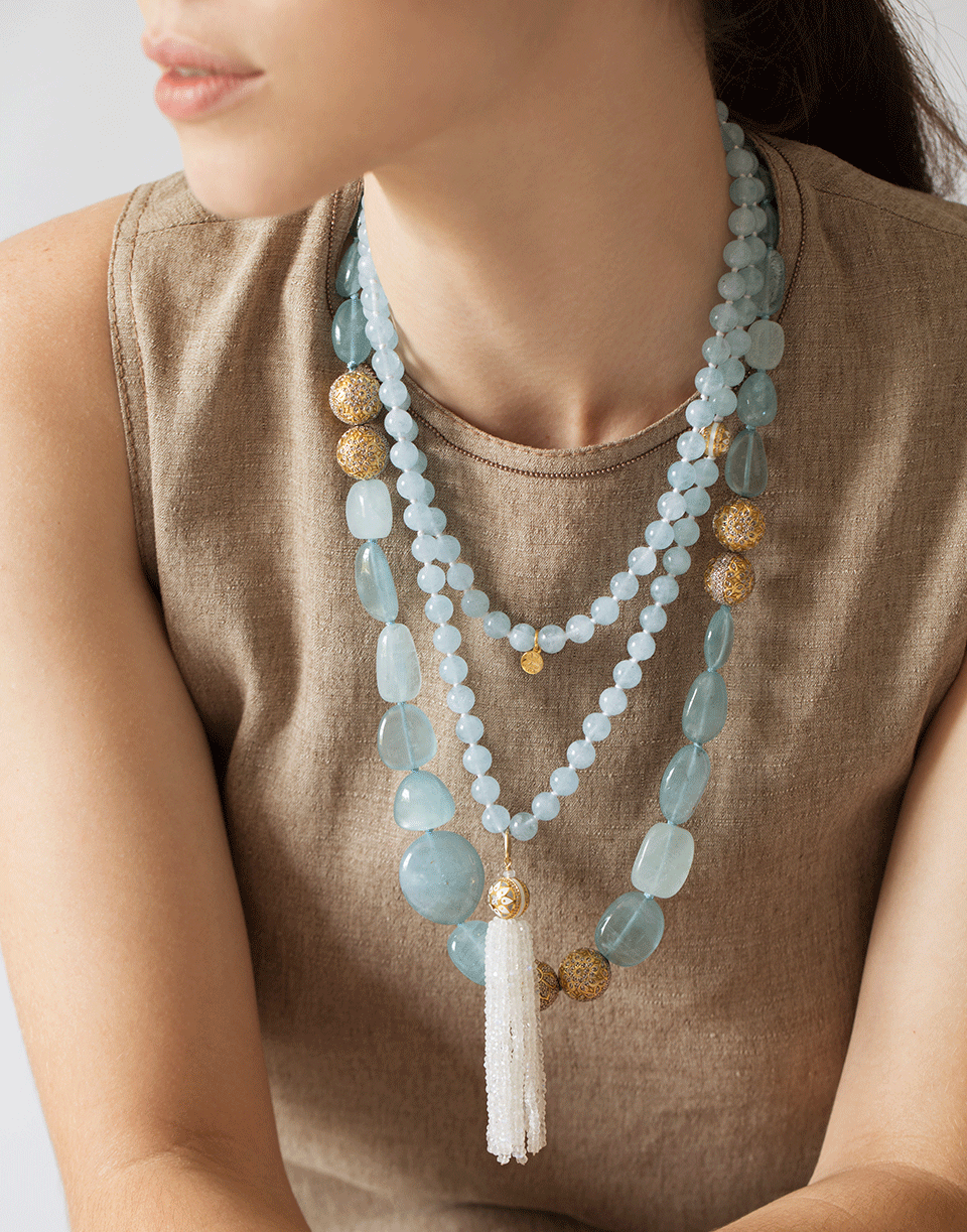 BUDDHA MAMA-Faceted Moonstone Tassel Aquamarine Neckace-YELLOW GOLD