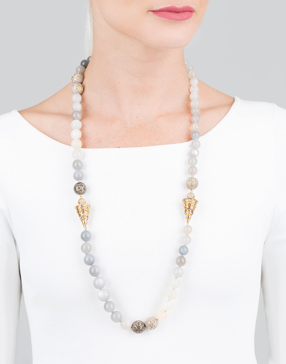 BUDDHA MAMA-Grey Moonstone Bead Necklace-YELLOW GOLD