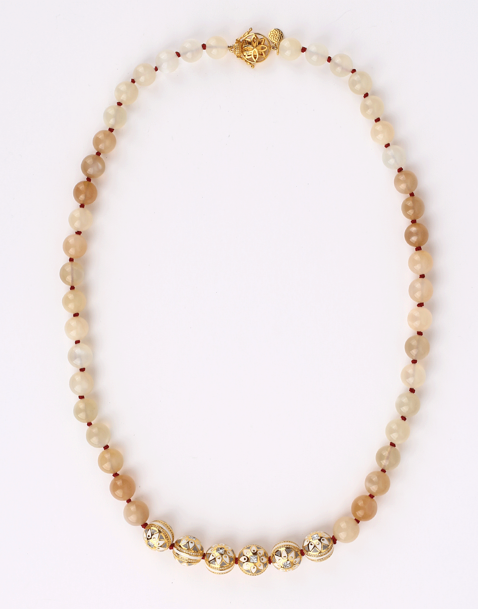 BUDDHA MAMA-Peach Moonstone Diamond And Enamel Necklace-YELLOW GOLD