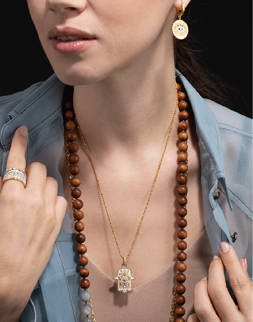 BUDDHA MAMA-Sandalwood and Moonstone Bead Necklace-YELLOW GOLD