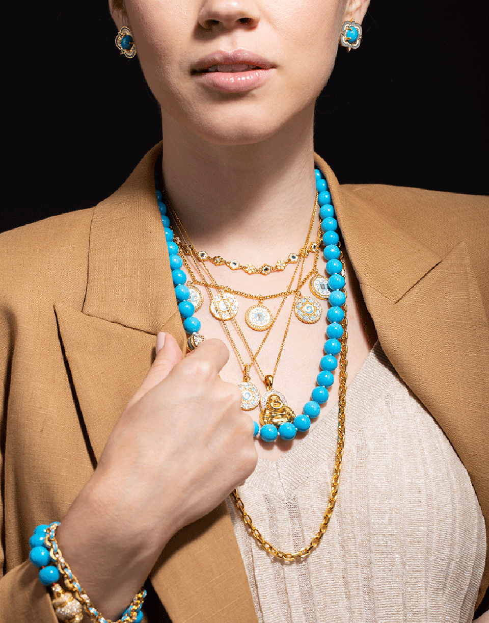 BUDDHA MAMA-White Enamel and Sapphire Flower Necklace-YELLOW GOLD