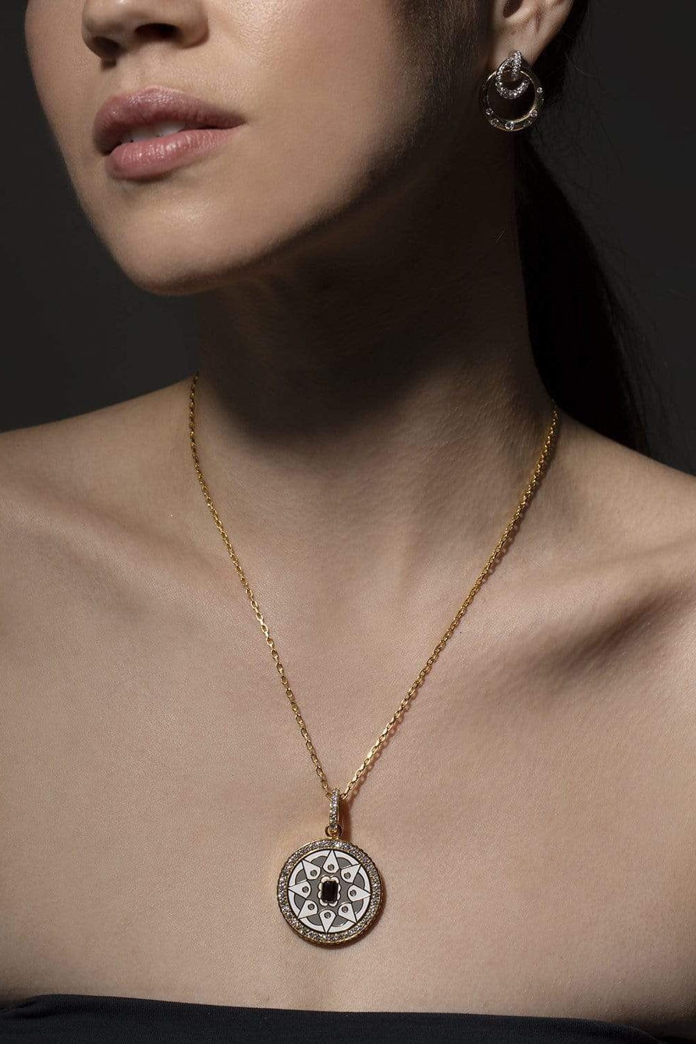 BUDDHA MAMA-30mm Grey & White Mandala Pendant-YELLOW GOLD