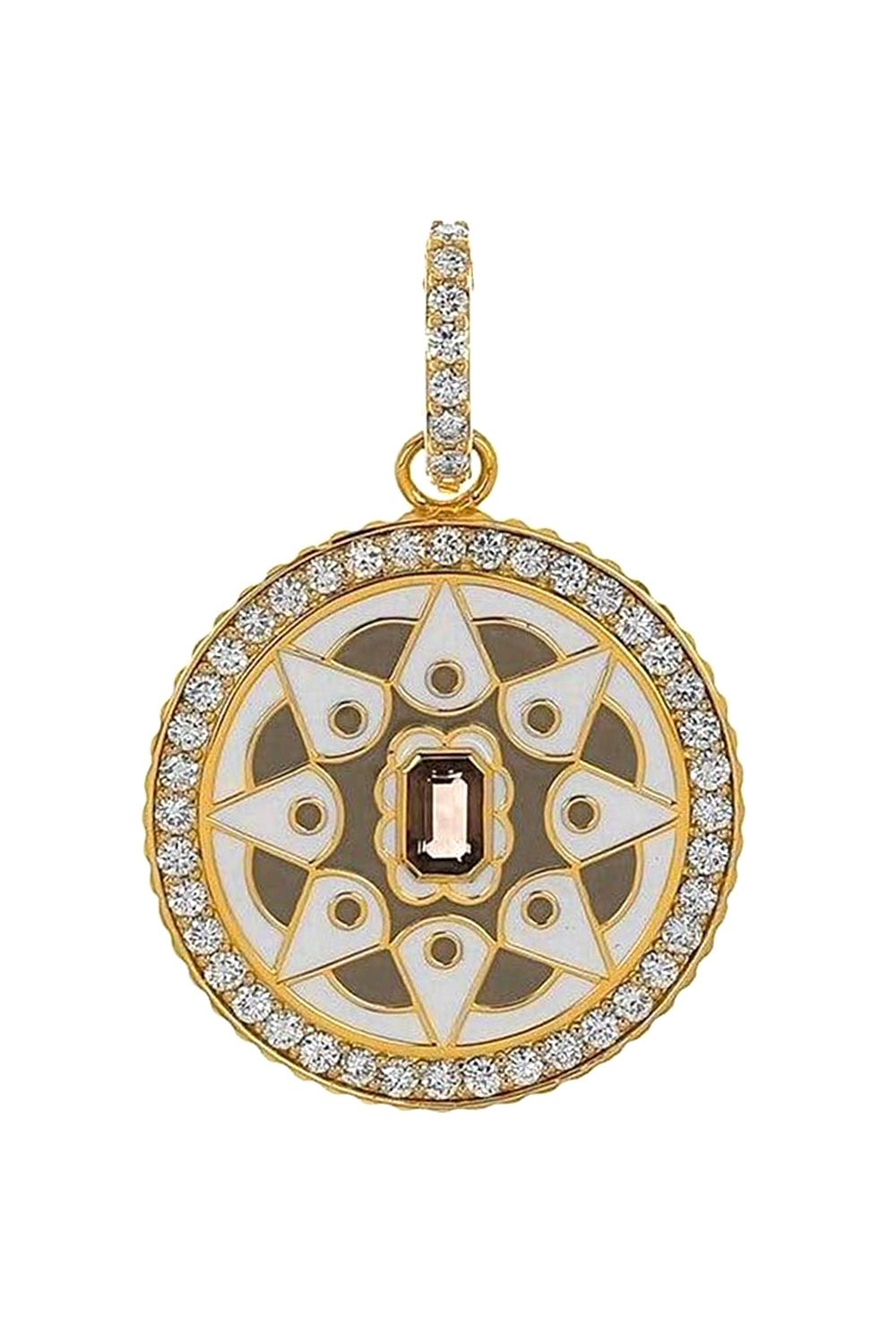 BUDDHA MAMA-30mm Grey & White Mandala Pendant-YELLOW GOLD
