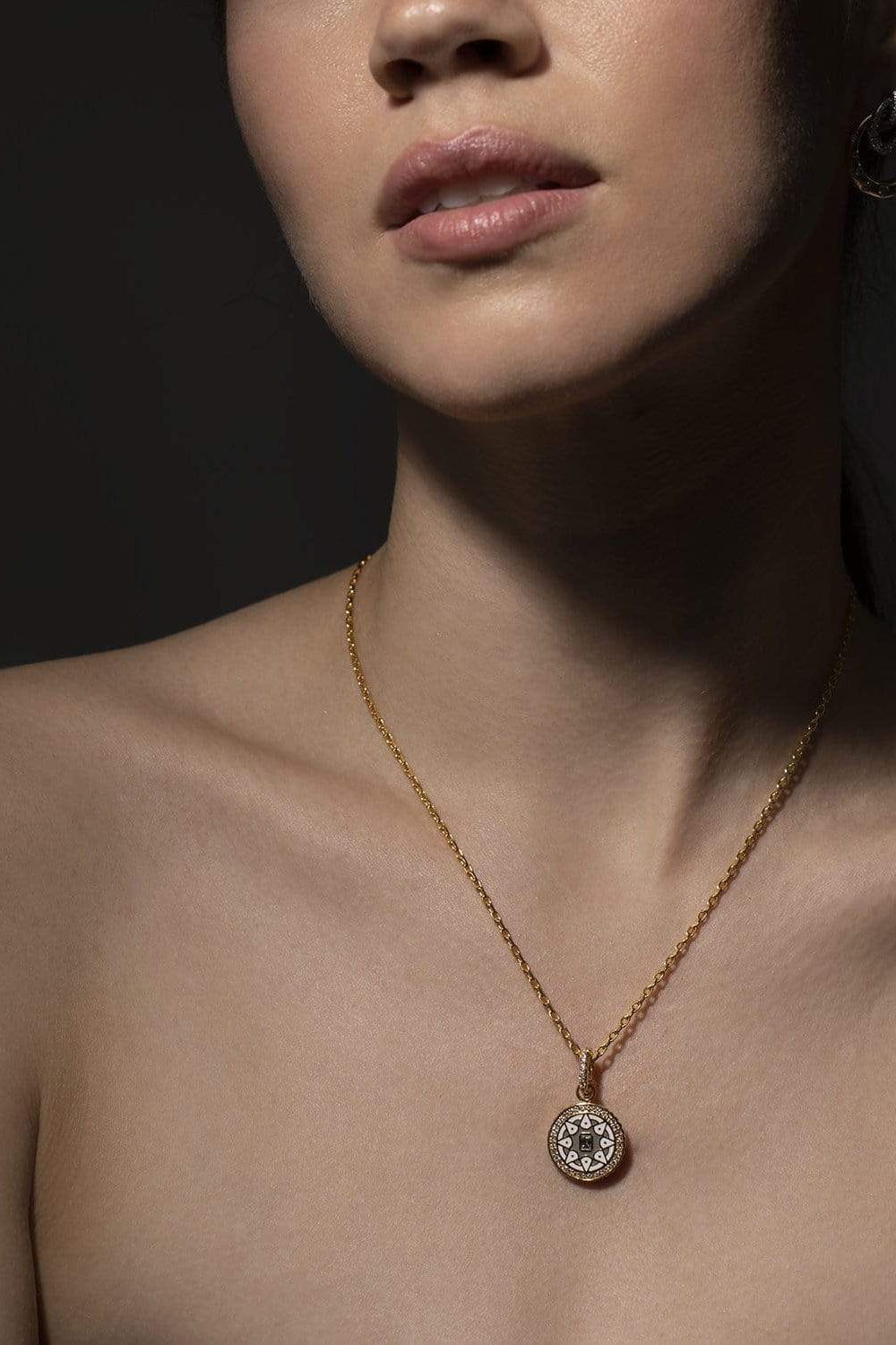BUDDHA MAMA-Baby Grey and White Mandala Coin Pendant-YELLOW GOLD